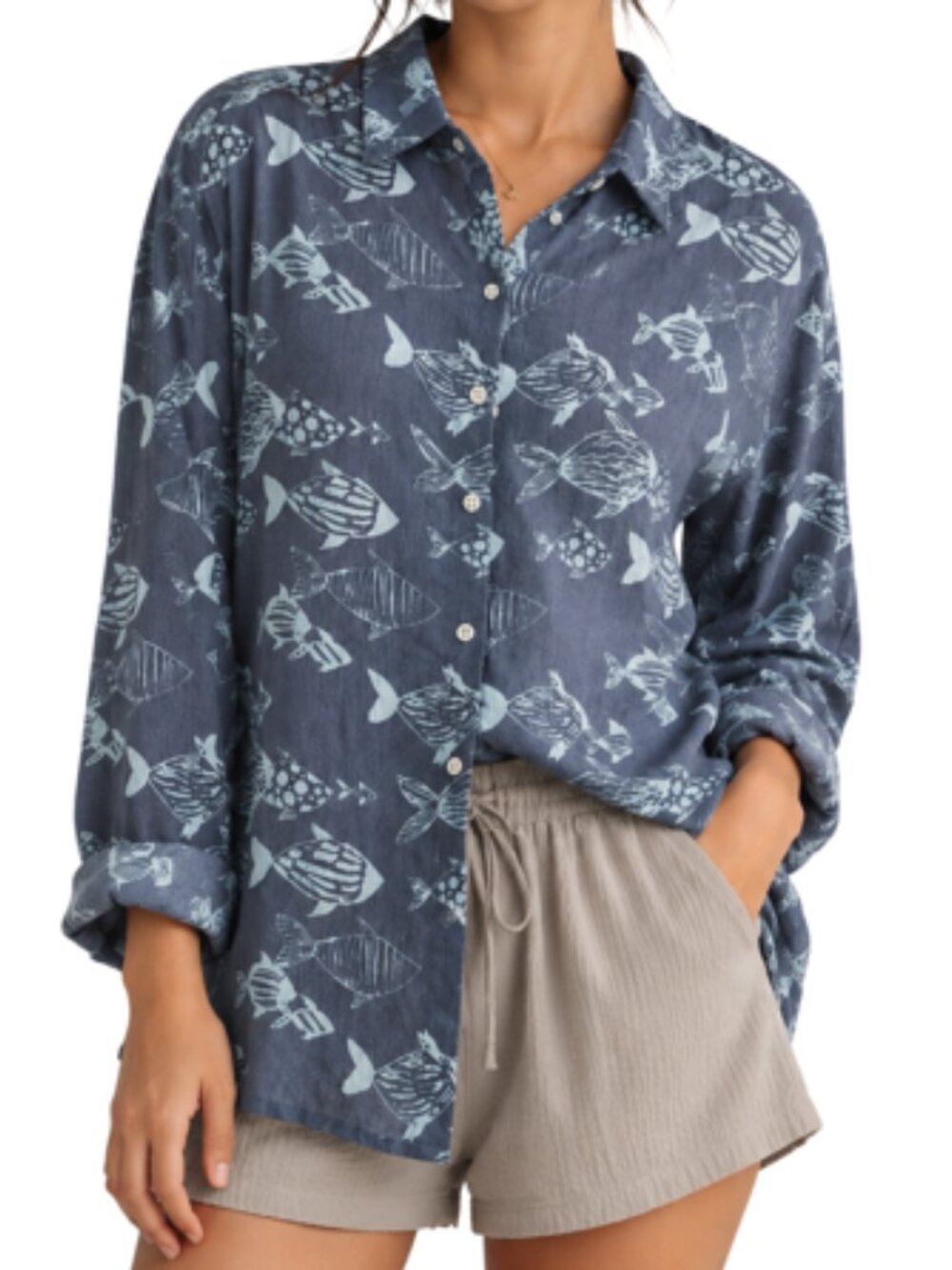 HIHO Vicky Fish Print Button Down Shirt Blue Gray Women's Size M Summer Vacation - Picture 1 of 11
